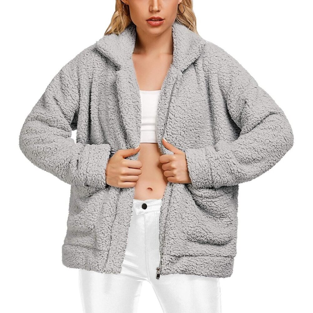 〽️Women's Classic Light Gray Fleece Zipper Oversized Outwear Coat Warm Jacket